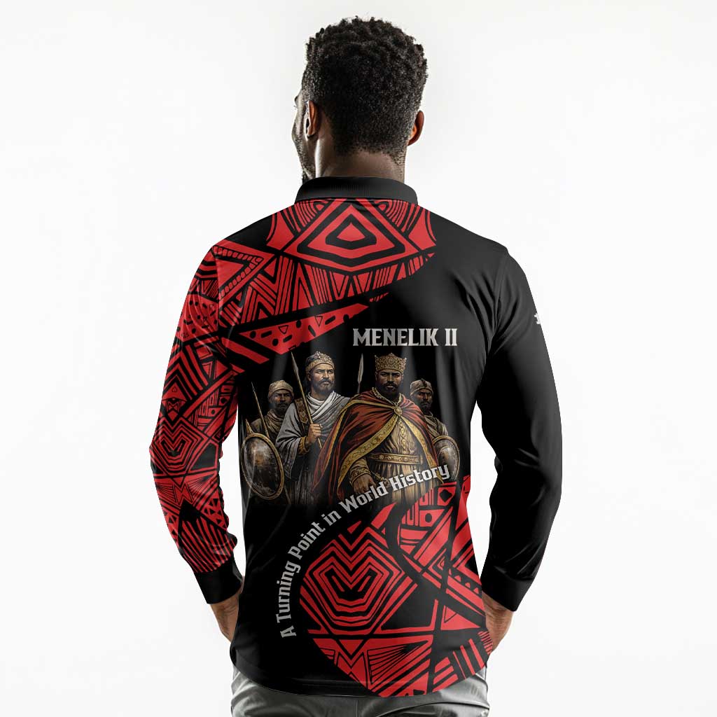 Menelik II Long Sleeve Polo Shirt with Adwa Victory Map, Africa Defeated an Empire Text and Red Geometric - African Pride