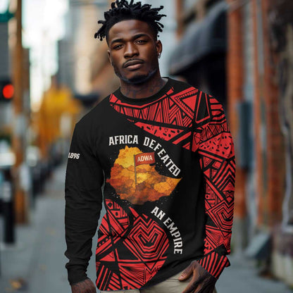 Menelik II Long Sleeve Shirt with Adwa Victory Map, Africa Defeated an Empire Text and Red Geometric - African Pride