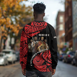Menelik II Long Sleeve Shirt with Adwa Victory Map, Africa Defeated an Empire Text and Red Geometric - African Pride