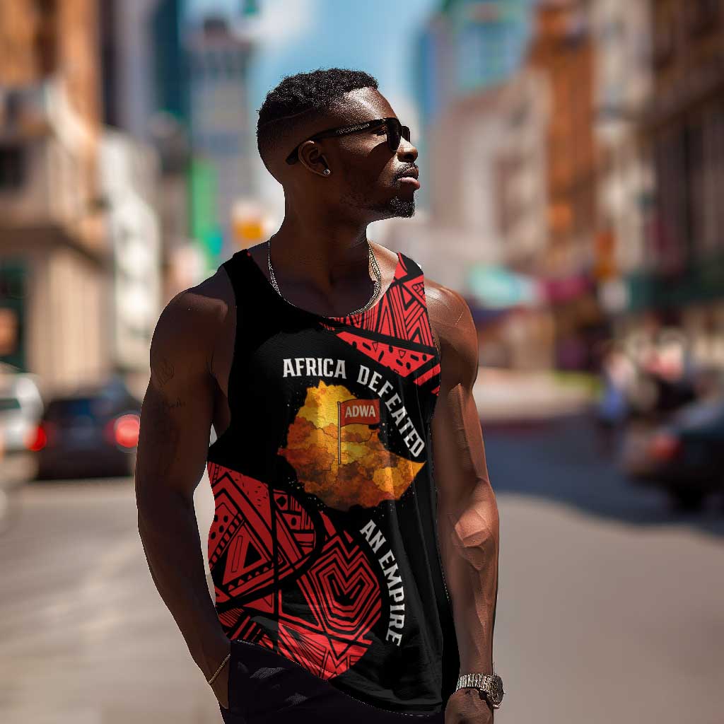 Menelik II Men Tank Top with Adwa Victory Map, Africa Defeated an Empire Text and Red Geometric - African Pride