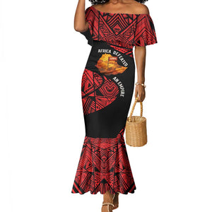 Menelik II Mermaid Dress with Adwa Victory Map, Africa Defeated an Empire Text and Red Geometric - African Pride