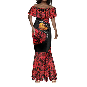 Menelik II Mermaid Dress with Adwa Victory Map, Africa Defeated an Empire Text and Red Geometric - African Pride