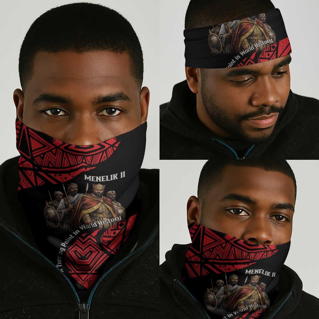 Menelik II Neck Gaiter with Adwa Victory Map, Africa Defeated an Empire Text and Red Geometric - African Pride