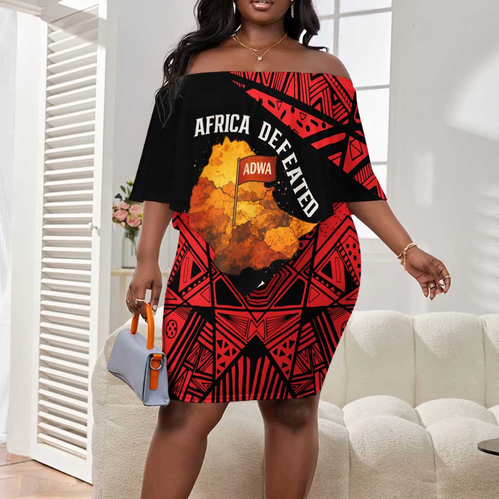 Menelik II Off Shoulder Short Dress with Adwa Victory Map, Africa Defeated an Empire Text and Red Geometric - African Pride