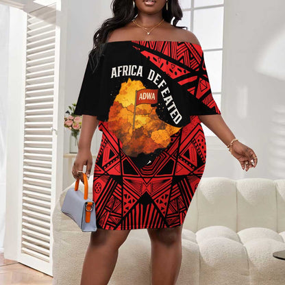 Menelik II Off Shoulder Short Dress with Adwa Victory Map, Africa Defeated an Empire Text and Red Geometric - African Pride