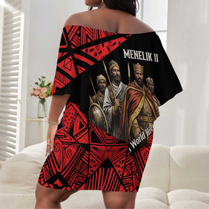 Menelik II Off Shoulder Short Dress with Adwa Victory Map, Africa Defeated an Empire Text and Red Geometric - African Pride