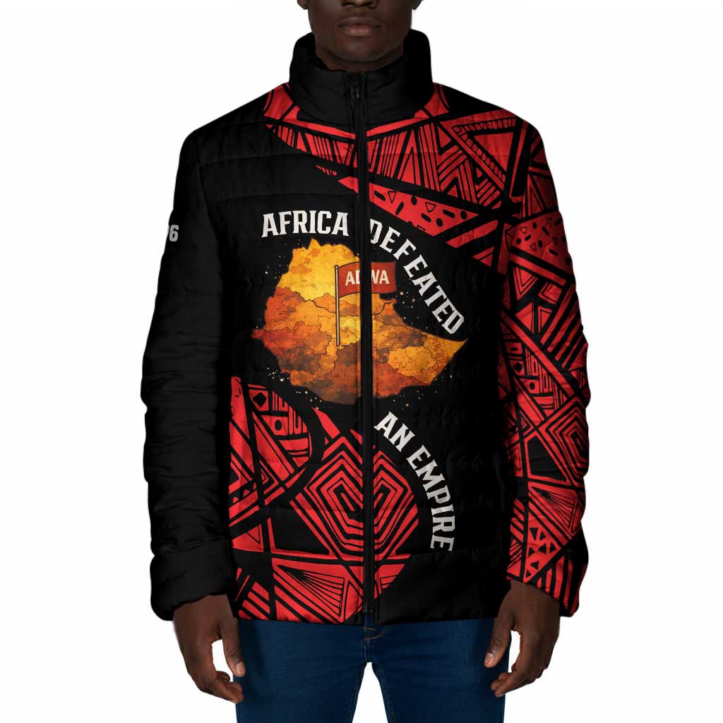Menelik II Padded Jacket with Adwa Victory Map, Africa Defeated an Empire Text and Red Geometric - African Pride