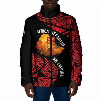 Menelik II Padded Jacket with Adwa Victory Map, Africa Defeated an Empire Text and Red Geometric - African Pride