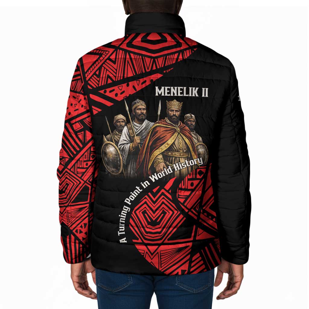 Menelik II Padded Jacket with Adwa Victory Map, Africa Defeated an Empire Text and Red Geometric - African Pride