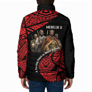 Menelik II Padded Jacket with Adwa Victory Map, Africa Defeated an Empire Text and Red Geometric - African Pride
