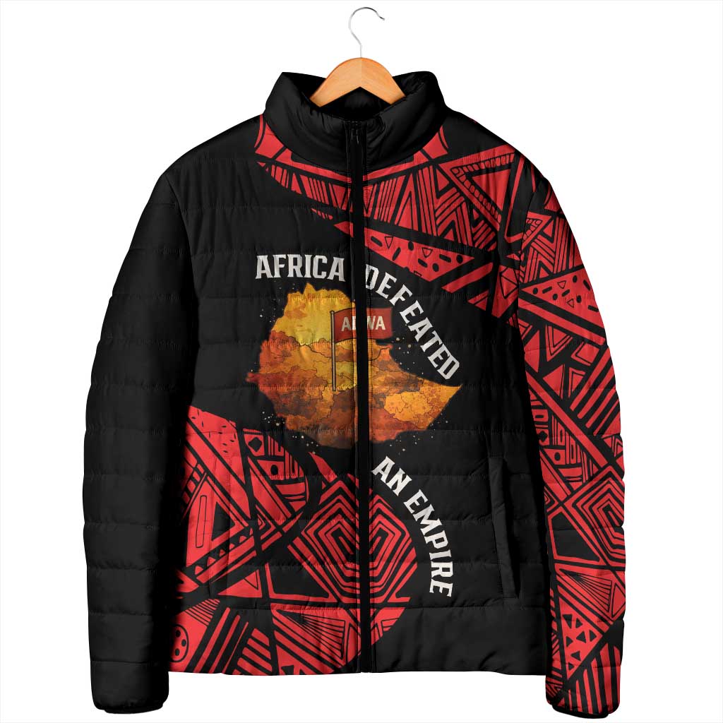 Menelik II Padded Jacket with Adwa Victory Map, Africa Defeated an Empire Text and Red Geometric - African Pride