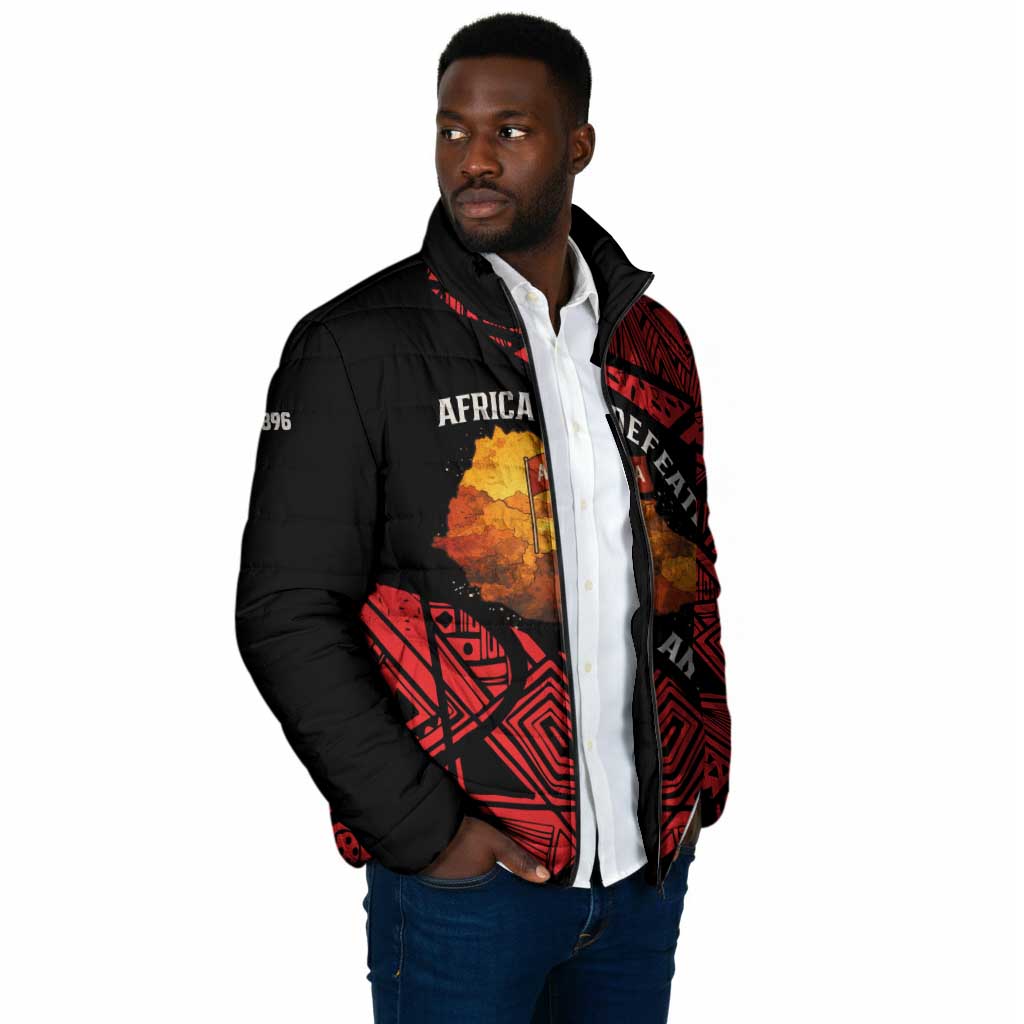 Menelik II Padded Jacket with Adwa Victory Map, Africa Defeated an Empire Text and Red Geometric - African Pride