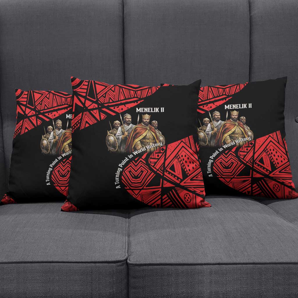Menelik II Pillow Cover with Adwa Victory Map, Africa Defeated an Empire Text and Red Geometric - African Pride