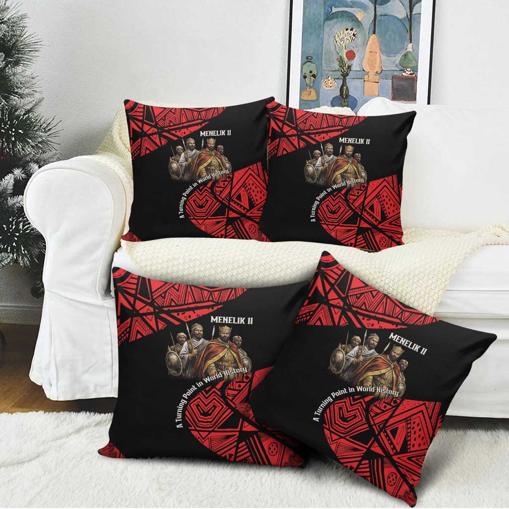 Menelik II Pillow Cover with Adwa Victory Map, Africa Defeated an Empire Text and Red Geometric - African Pride