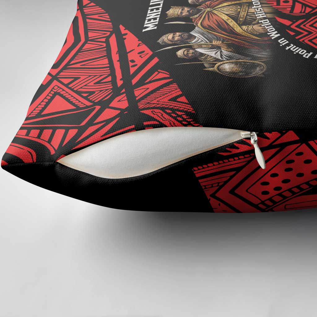 Menelik II Pillow Cover with Adwa Victory Map, Africa Defeated an Empire Text and Red Geometric - African Pride