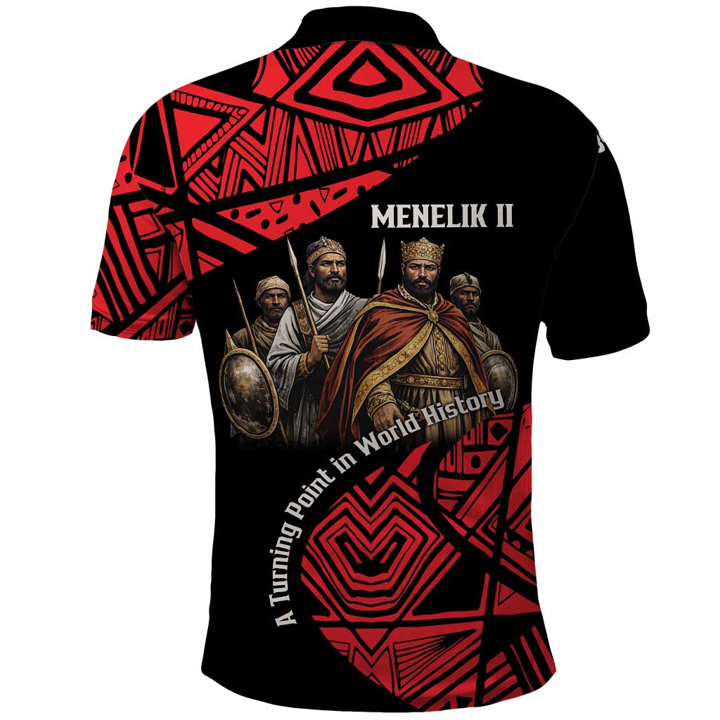 Menelik II Polo Shirt with Adwa Victory Map, Africa Defeated an Empire Text and Red Geometric - African Pride