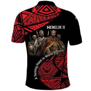 Menelik II Polo Shirt with Adwa Victory Map, Africa Defeated an Empire Text and Red Geometric - African Pride