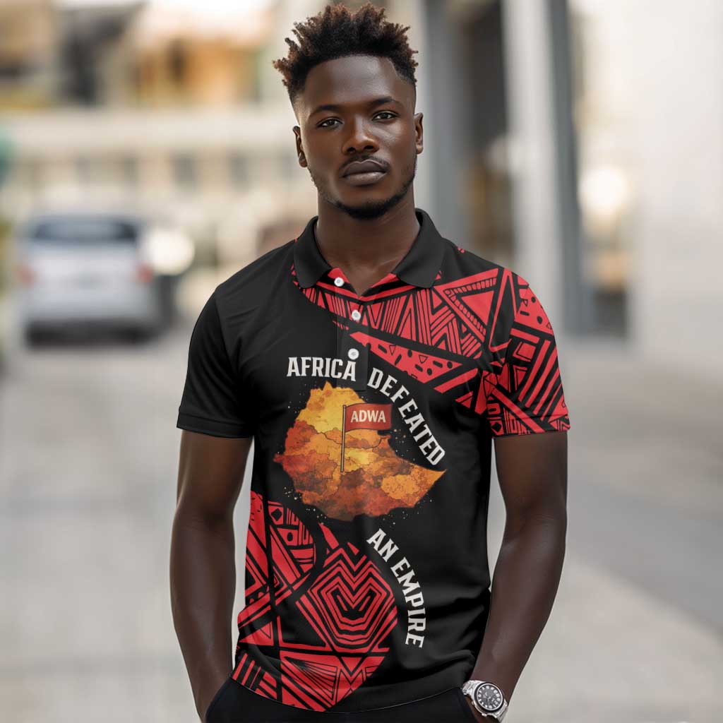 Menelik II Polo Shirt with Adwa Victory Map, Africa Defeated an Empire Text and Red Geometric - African Pride