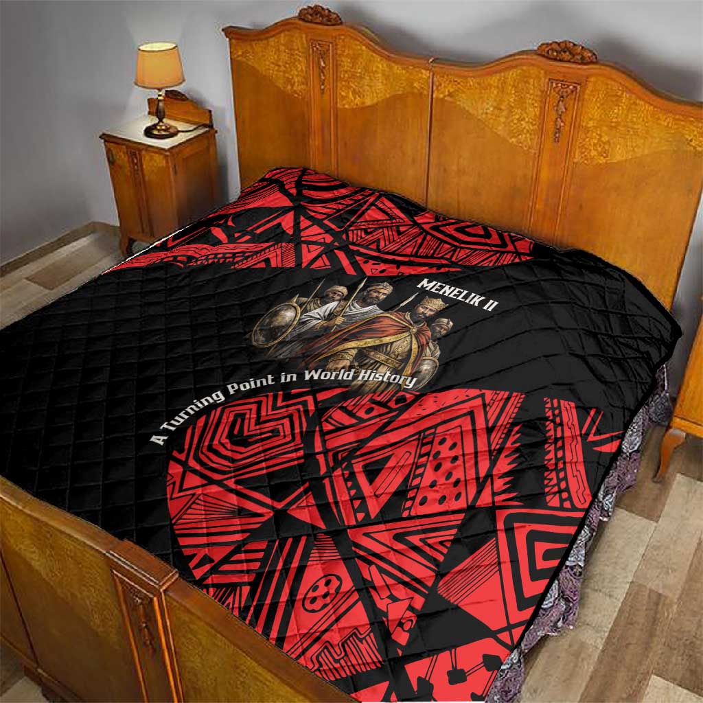 Menelik II Quilt with Adwa Victory Map, Africa Defeated an Empire Text and Red Geometric - African Pride