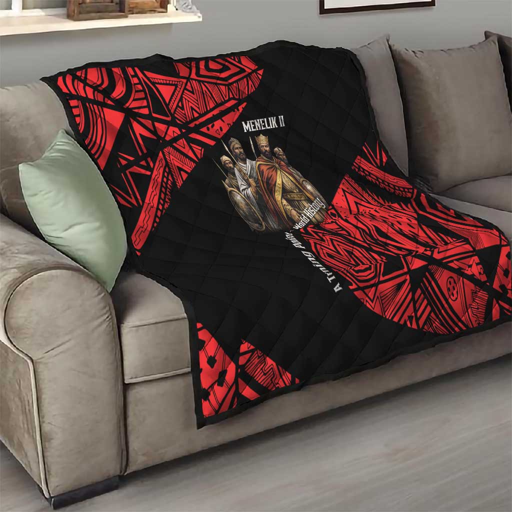 Menelik II Quilt with Adwa Victory Map, Africa Defeated an Empire Text and Red Geometric - African Pride