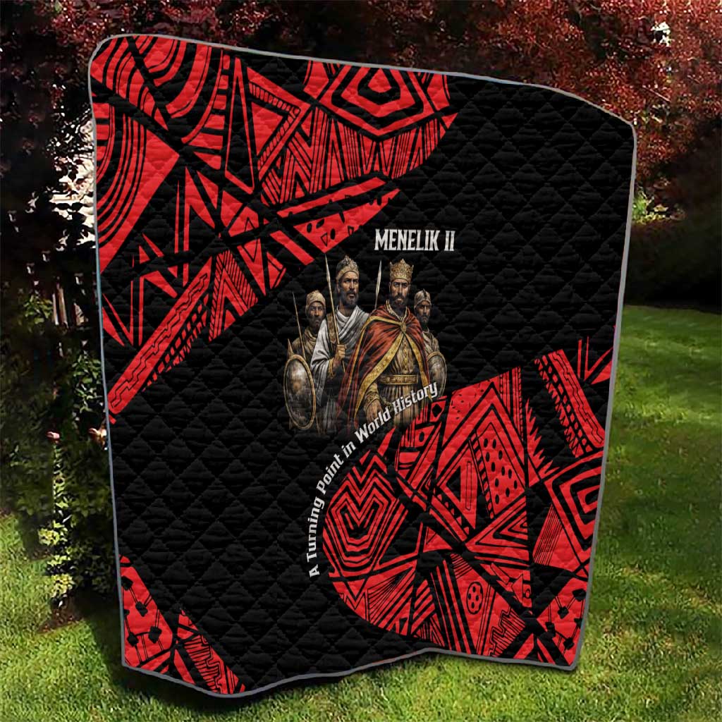 Menelik II Quilt with Adwa Victory Map, Africa Defeated an Empire Text and Red Geometric - African Pride