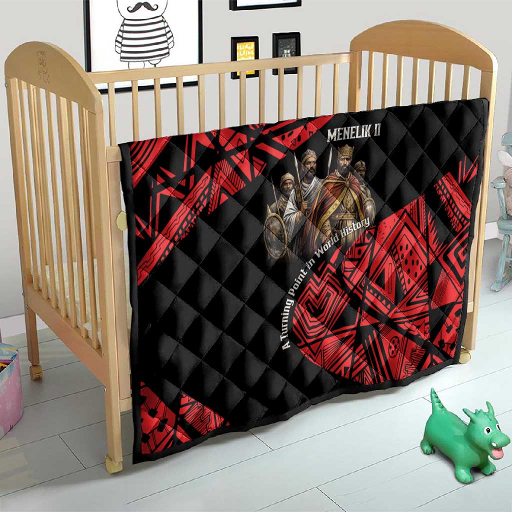 Menelik II Quilt with Adwa Victory Map, Africa Defeated an Empire Text and Red Geometric - African Pride