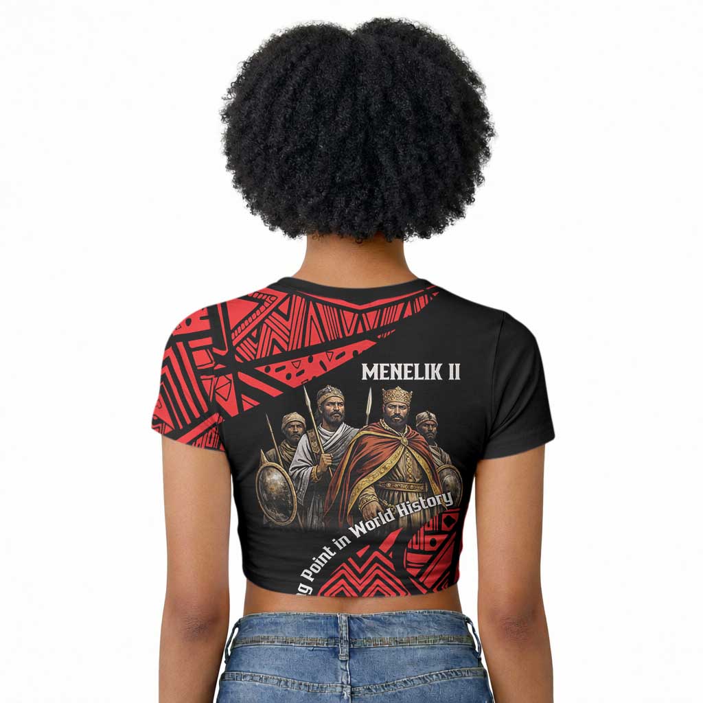 Menelik II Raglan Cropped T shirt with Adwa Victory Map, Africa Defeated an Empire Text and Red Geometric - African Pride