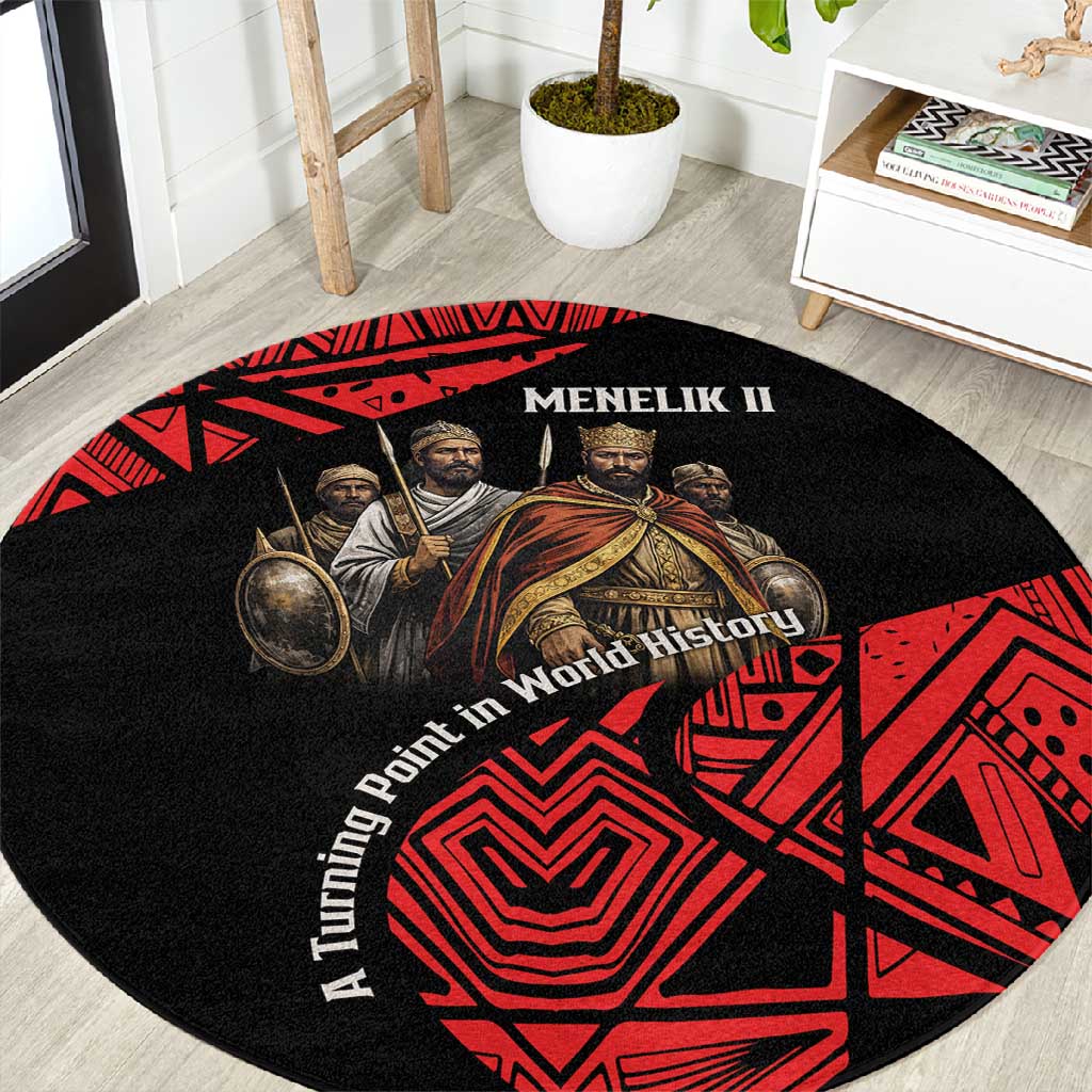 Menelik II Round Carpet with Adwa Victory Map, Africa Defeated an Empire Text and Red Geometric - African Pride