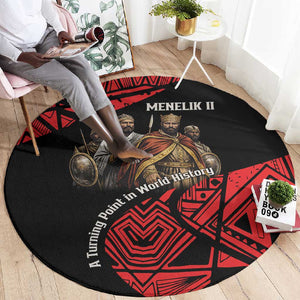 Menelik II Round Carpet with Adwa Victory Map, Africa Defeated an Empire Text and Red Geometric - African Pride