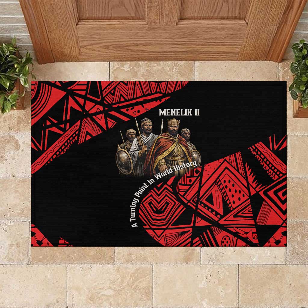 Menelik II Rubber Doormat with Adwa Victory Map, Africa Defeated an Empire Text and Red Geometric - African Pride