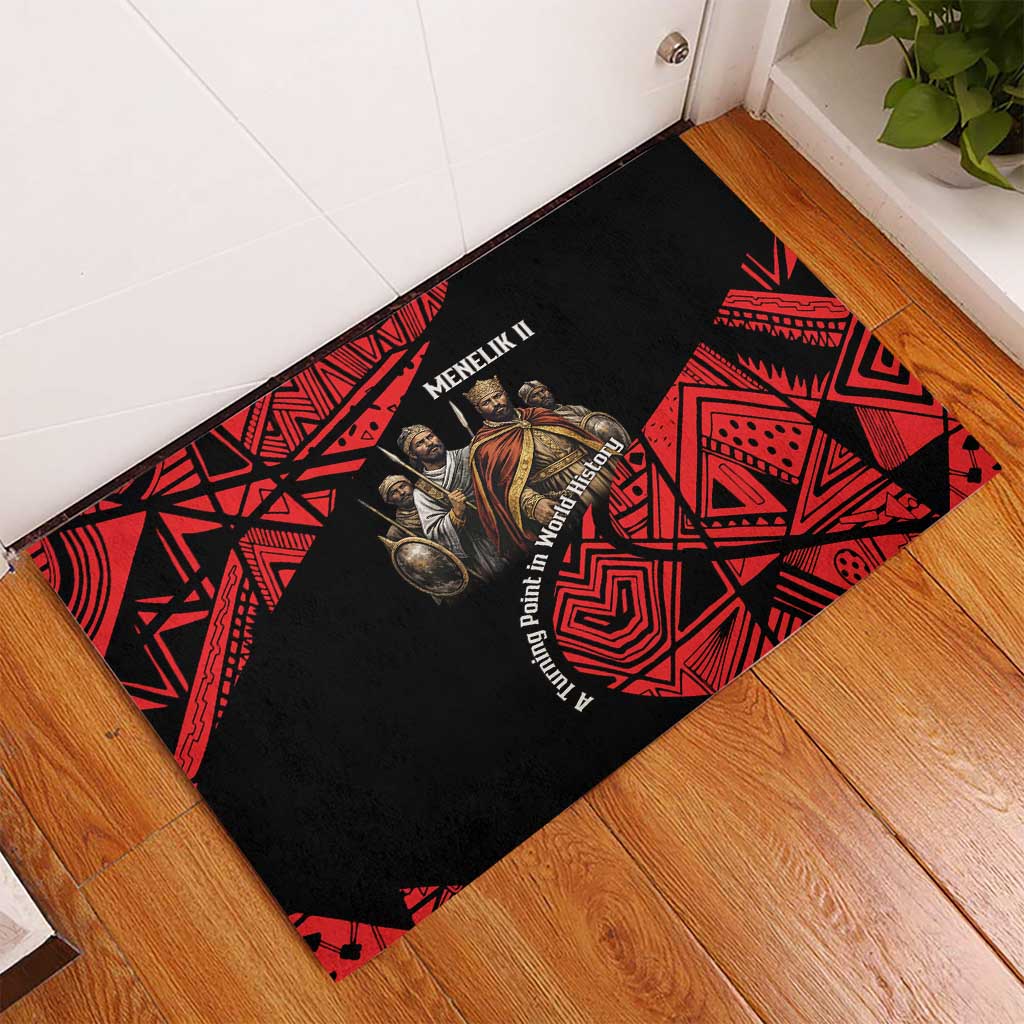 Menelik II Rubber Doormat with Adwa Victory Map, Africa Defeated an Empire Text and Red Geometric - African Pride