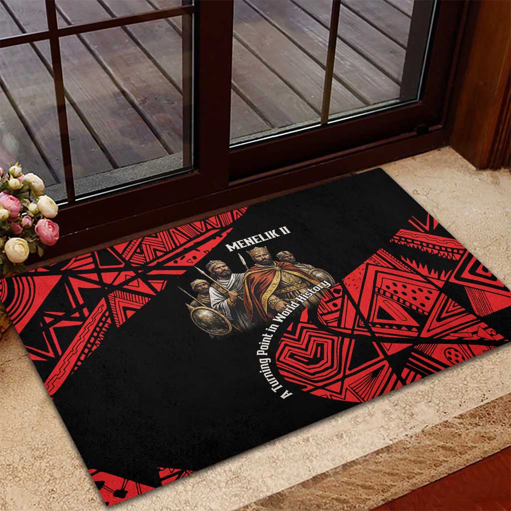 Menelik II Rubber Doormat with Adwa Victory Map, Africa Defeated an Empire Text and Red Geometric - African Pride