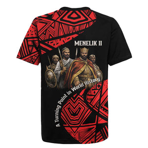 Menelik II Rugby Jersey with Adwa Victory Map, Africa Defeated an Empire Text and Red Geometric - African Pride