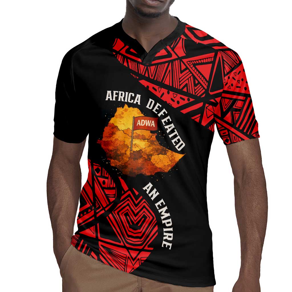 Menelik II Rugby Jersey with Adwa Victory Map, Africa Defeated an Empire Text and Red Geometric - African Pride