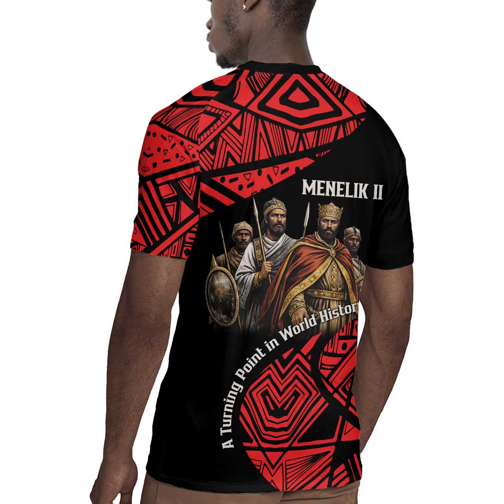 Menelik II Rugby Jersey with Adwa Victory Map, Africa Defeated an Empire Text and Red Geometric - African Pride