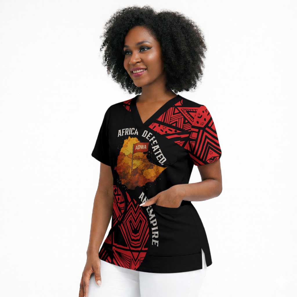 Menelik II Scrub Top with Adwa Victory Map, Africa Defeated an Empire Text and Red Geometric - African Pride
