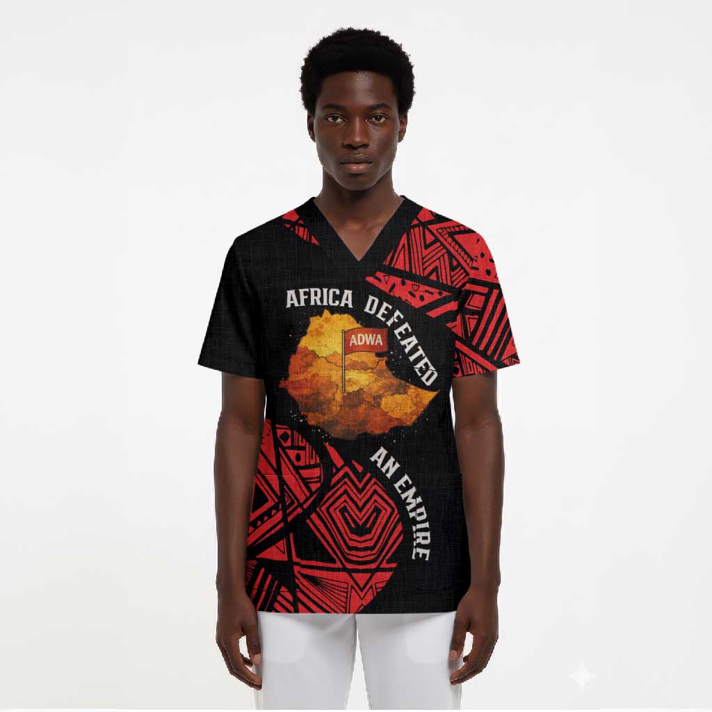 Menelik II Scrub Top with Adwa Victory Map, Africa Defeated an Empire Text and Red Geometric - African Pride