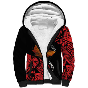 Menelik II Sherpa Hoodie with Adwa Victory Map, Africa Defeated an Empire Text and Red Geometric - African Pride