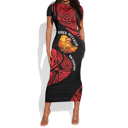 Menelik II Short Sleeve Bodycon Dress with Adwa Victory Map, Africa Defeated an Empire Text and Red Geometric - African Pride