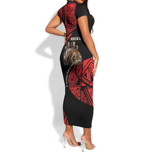 Menelik II Short Sleeve Bodycon Dress with Adwa Victory Map, Africa Defeated an Empire Text and Red Geometric - African Pride