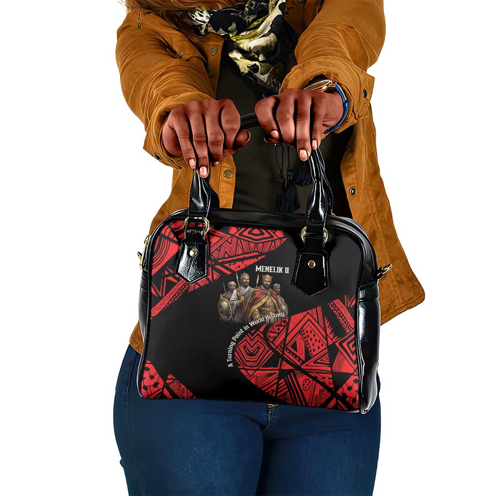 Menelik II Shoulder Handbag with Adwa Victory Map, Africa Defeated an Empire Text and Red Geometric - African Pride