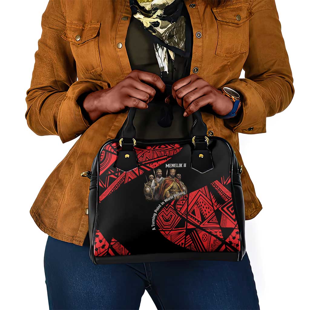 Menelik II Shoulder Handbag with Adwa Victory Map, Africa Defeated an Empire Text and Red Geometric - African Pride
