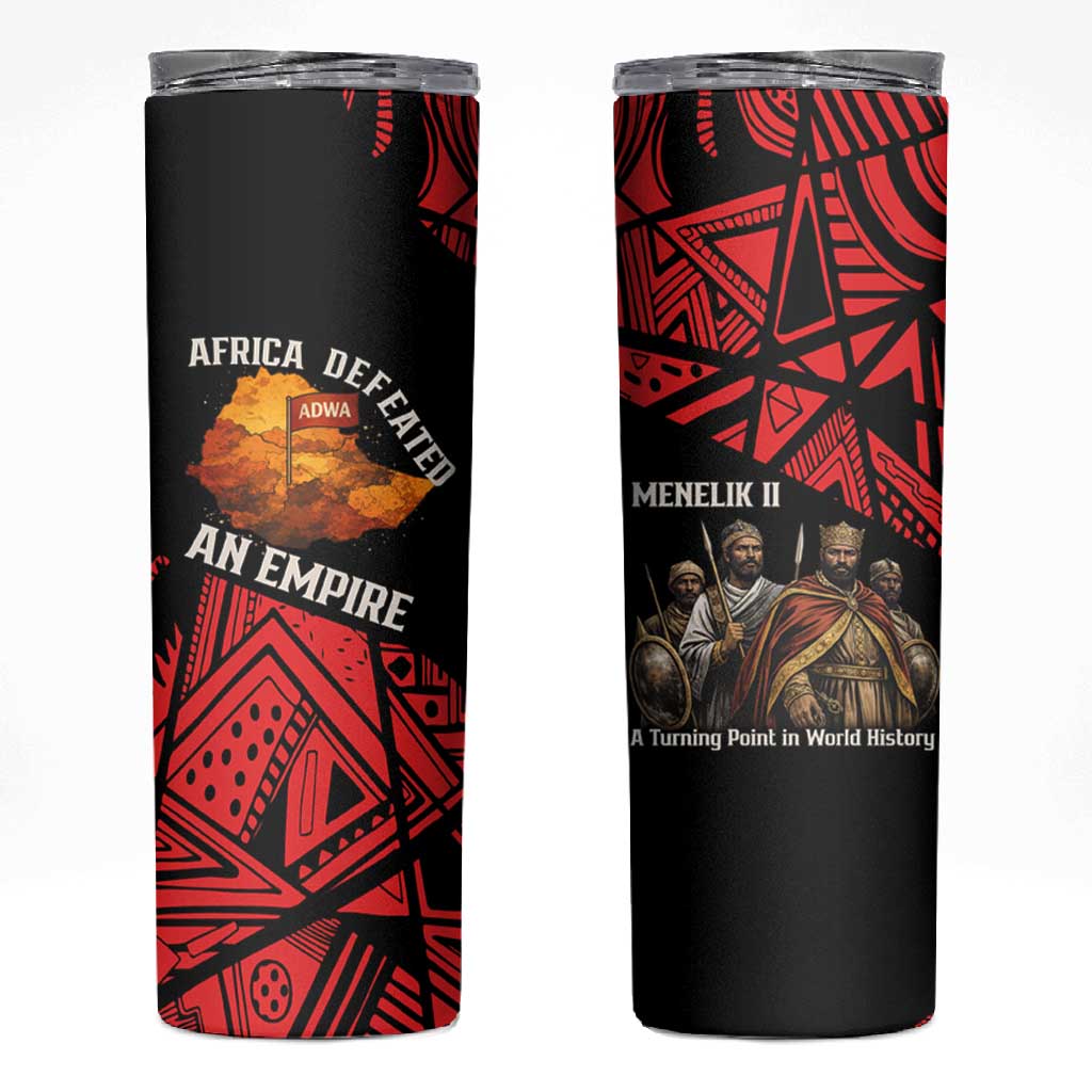 Menelik II Skinny Tumbler with Adwa Victory Map, Africa Defeated an Empire Text and Red Geometric - African Pride