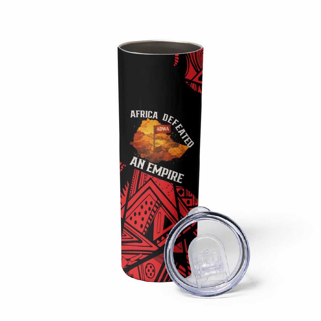 Menelik II Skinny Tumbler with Adwa Victory Map, Africa Defeated an Empire Text and Red Geometric - African Pride