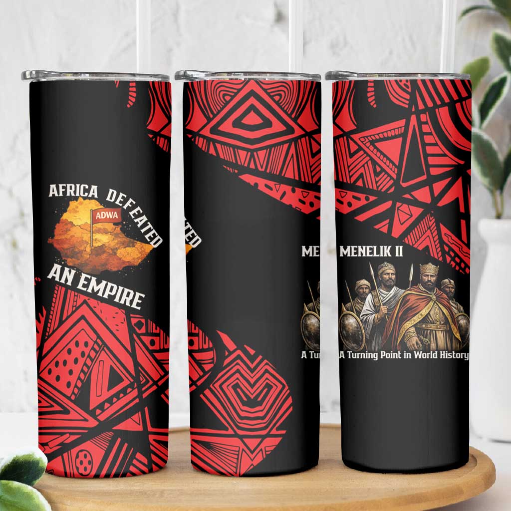 Menelik II Skinny Tumbler with Adwa Victory Map, Africa Defeated an Empire Text and Red Geometric - African Pride