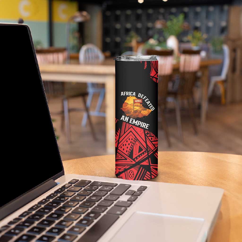 Menelik II Skinny Tumbler with Adwa Victory Map, Africa Defeated an Empire Text and Red Geometric - African Pride