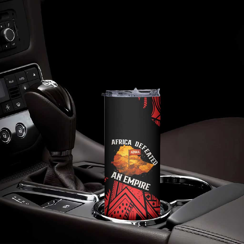 Menelik II Skinny Tumbler with Adwa Victory Map, Africa Defeated an Empire Text and Red Geometric - African Pride