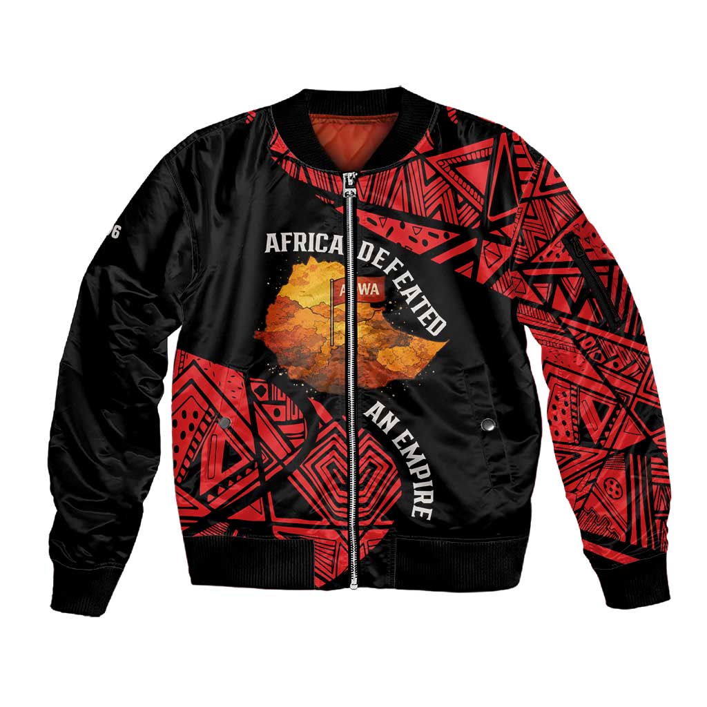 Menelik II Sleeve Zip Bomber Jacket with Adwa Victory Map, Africa Defeated an Empire Text and Red Geometric - African Pride