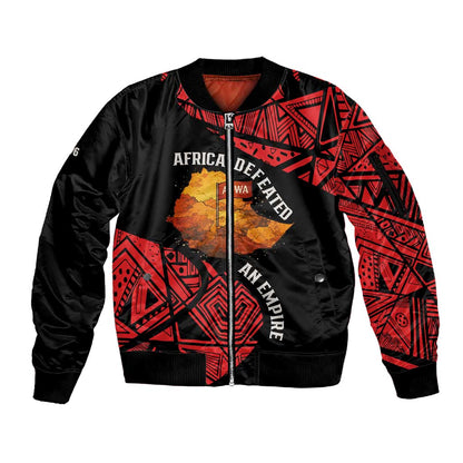 Menelik II Sleeve Zip Bomber Jacket with Adwa Victory Map, Africa Defeated an Empire Text and Red Geometric - African Pride