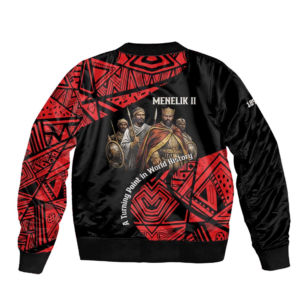 Menelik II Sleeve Zip Bomber Jacket with Adwa Victory Map, Africa Defeated an Empire Text and Red Geometric - African Pride